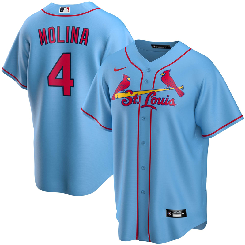 2020 MLB Men St. Louis Cardinals #4 Yadier Molina Nike Light Blue Alternate 2020 Replica Player Jersey 1